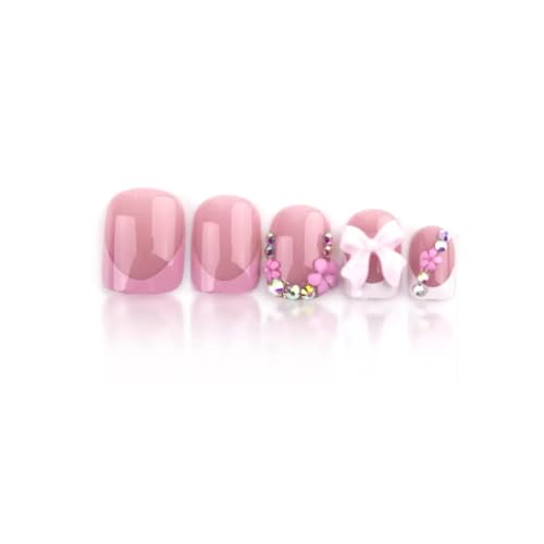 Short Square Press on Nails with 3D Bow Flower Charms Glossy False Nails