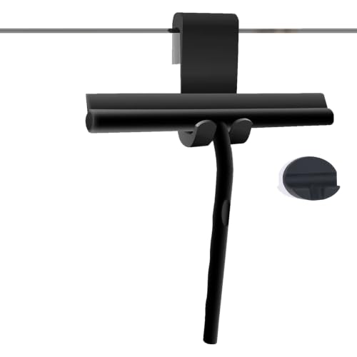 DEOFUXT Black Silicone Shower Squeegee for Glass Doors & Windows, No-Drill Hook, Ergonomic Handle