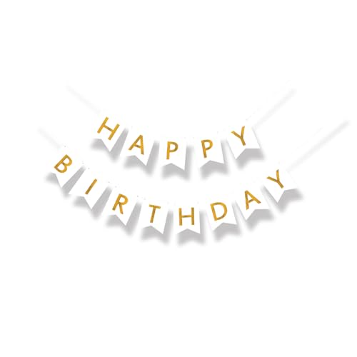 Pre-Strung Happy Birthday Banner - White & Gold Party Decoration