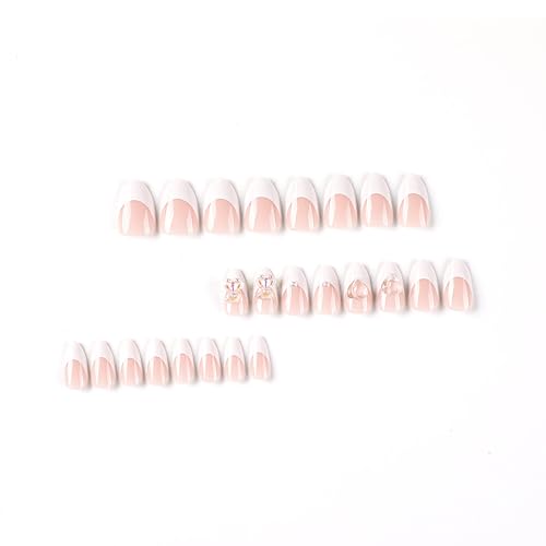 TBRZTR White French Press On Nails Almond 3D Bear Pearl False Nails Kit