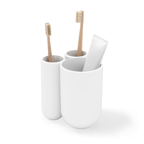 Umbra Touch Toothbrush Holder - 3-Compartment White Bathroom Organizer, 3.5 x 3 x 4 inches