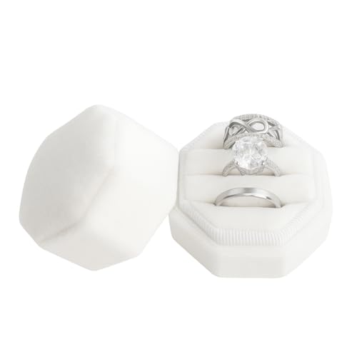 White Velvet 3-Slot Ring Box – Octagon Engagement & Wedding Band Holder