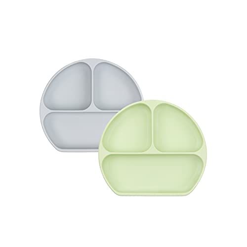Bumkins Silicone Suction Plate - Divided Grip Dish for Toddlers (Gray/Sage)