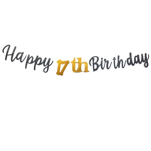 Happy 17th Birthday Banner - Pre-Strung Black and Gold Party Decoration