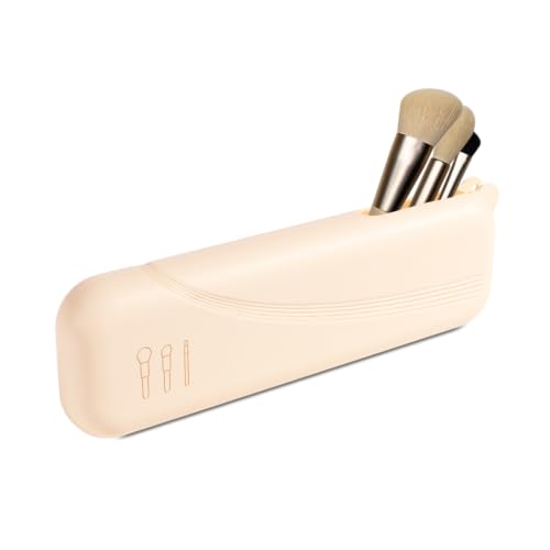 Silicone Makeup Brush Holder Travel Case - Beige Semi-Open Snap Design