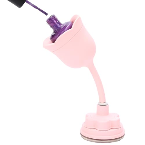 Pink Rose-Shaped Nail Polish Bottle Holder with 360° Rotating Stem and Strong Suction