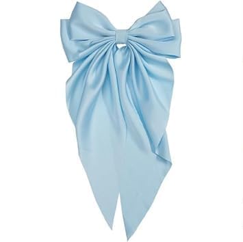 Jumbo Satin Bow Hair Clip with Long Tails, Light Blue French Barrette