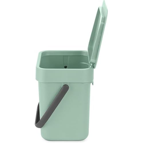 Brabantia Sort & Go Waste Caddy 0.8 Gallons (Jade Green) Space-Efficient Recycling Pail with Handle, Removable and Stay-Open Lid, Easy to Clean Kitchen Compost Caddy Without Nooks and Rims