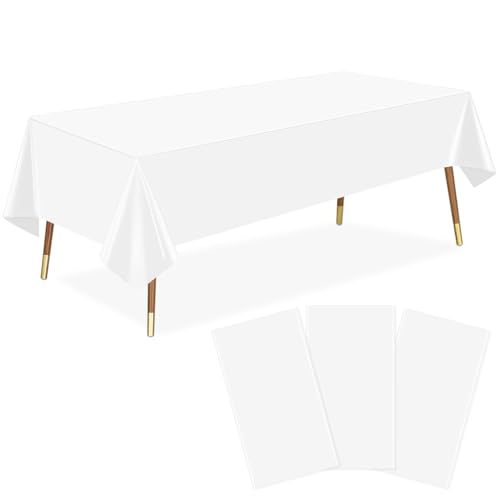 LANLISA 3 Pack Disposable White Plastic Tablecloths - 54x108 in.