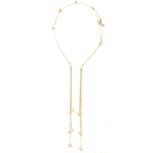 AHONEY Gold Butterfly Rhinestone Headband with Long Tassels Crystal Headpiece