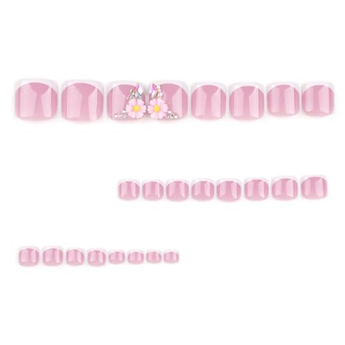 Teilihai White French Press on Toenails with 3D Daisy Charm Rhinestones