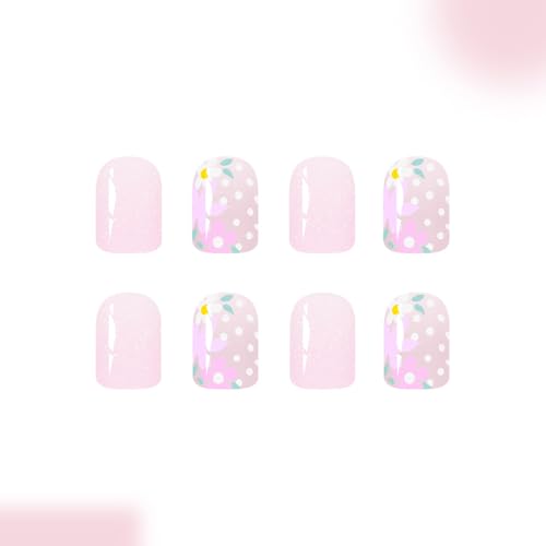 Short Square Floral Press on Nails with Pink Glitter and Glue