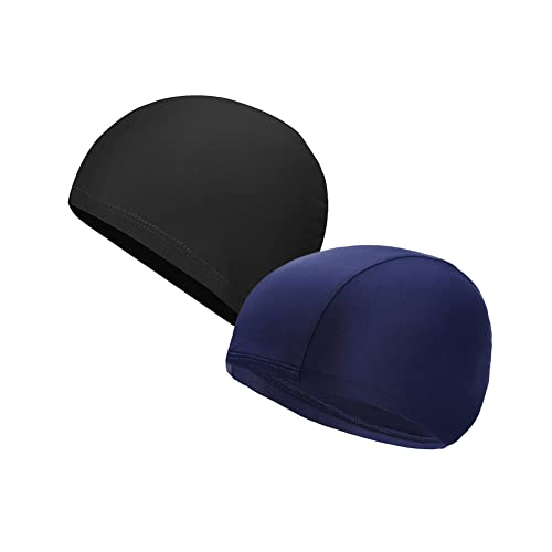 2 Pcs Unisex Polyester Swim Caps Long Hair Swimming Caps Fabric Bathing Caps Comfortable Swim Hats for Men Women Black and Blue