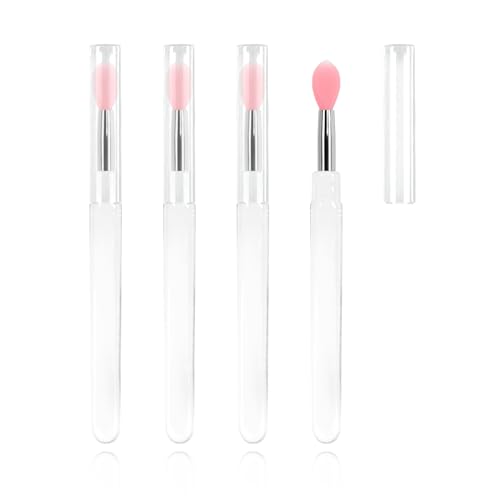 Silicone Lip Brush Set 4 Pcs Pink Lip Gloss Wands with Cap