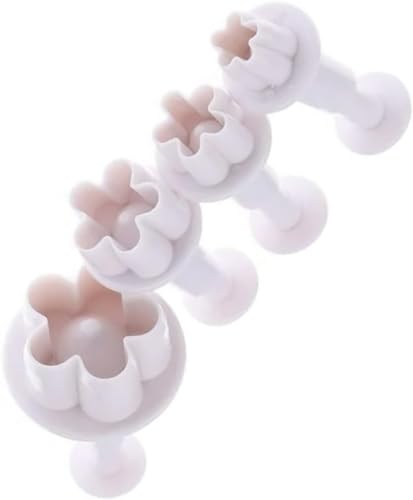 Cauaoa 4Pcs White Flower Cookie Cutters and Fondant Plunger Molds