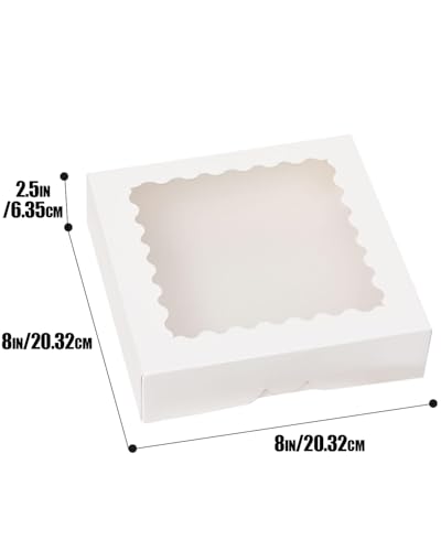 qiqee 8x8x2.5 Inch White Pastry Box with Window - 12pcs Bakery Box