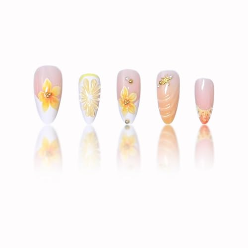 French Tip Press on Nails Medium Almond Fake Nails 3D Flower Lemon Design