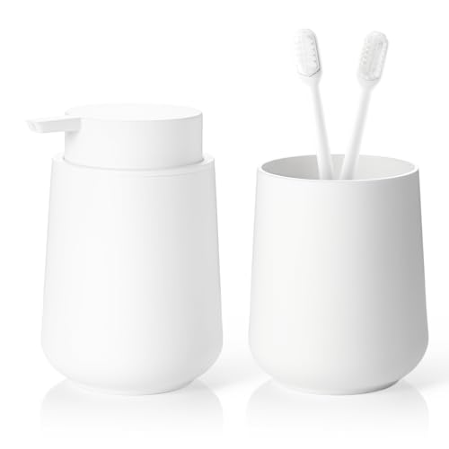 Matte White Bathroom Accessories Set - Liquid Soap & Toothbrush Holder