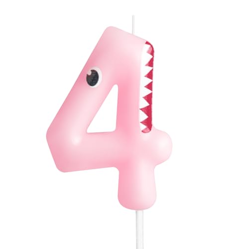 Pink Shark Number 4 Birthday Candle - Ocean Theme Cake Topper