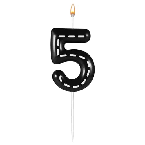 Racing Car Birthday Number 5 Candle Black and White Stripes Cake Topper