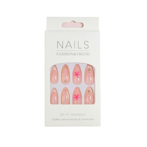 Nude Pink Press on Nails Medium Almond 3D Flowers & Gold Rhinestones