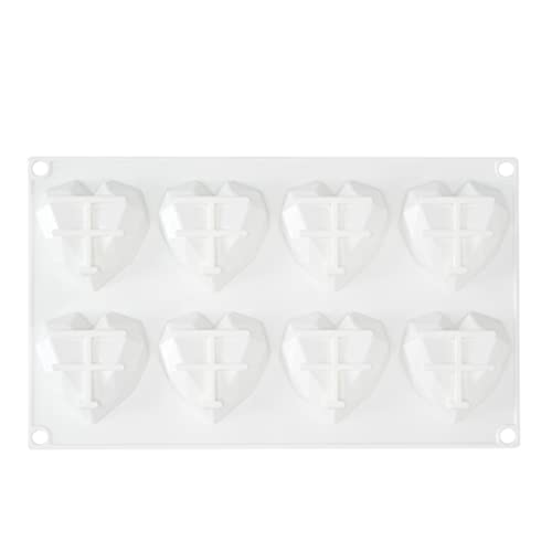 Pastry Tek 8 Cavities Diamond Heart Molds, 10 Oven-Ready Geometric Heart Molds - Flexible, Freezable, White Silicone Heart Baking Molds, Easy Release, For Baking - Restaurantware