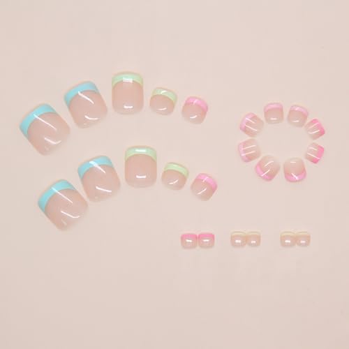 Colorful French Tip Press on Toenails Short Square Fake Toe Nails