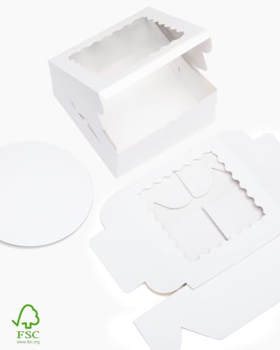 qiqee 10x10x5 White Cake Box Set with Window & 4 Round Cake Boards - 10 Inch Food-Grade Packaging