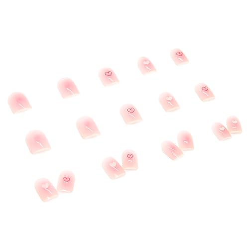 Onsdag Pink Short Coffin Press On Nails with Heart Designs - 24Pcs Glossy Acrylic False Nails Set