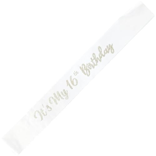 It's My 16th Birthday Satin Sash with Silver Glitter Letters, White