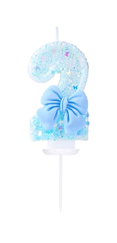 Number 2 Birthday Candle with Blue Bow - 3D Glitter Cake Topper