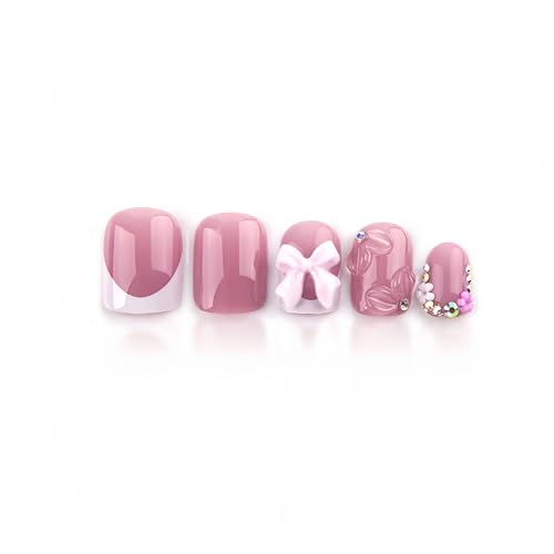 Pink Press on Nails Short Square with 3D Bow Charms and Floral Design 24Pcs