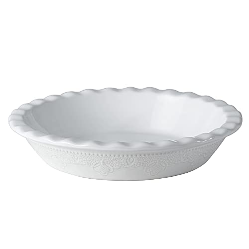 9 Inch Ceramic Pie Dish with Lace Emboss - Deep Ruffle Pie Pan for Baking, White
