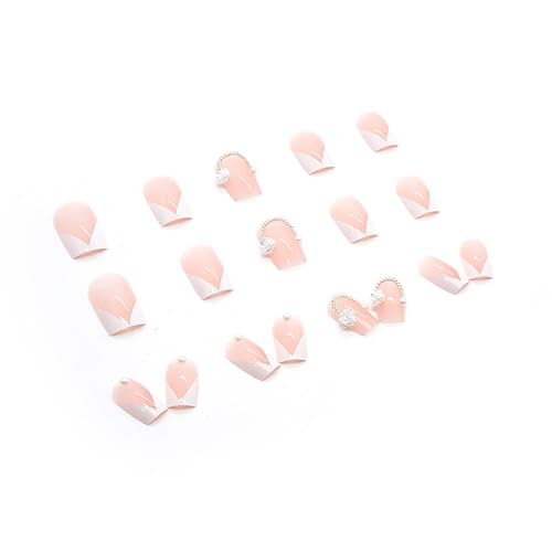 Onsdag Square French Tip Press On Nails with Flower Gems 24Pcs