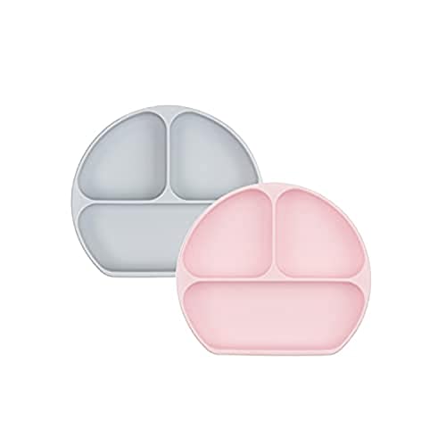 Bumkins Silicone Suction Plate for Toddlers & Babies - Divided Grip Dish, Non-Skid, Dishwasher Safe, Gray & Pink