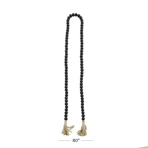 Deco 79 Mango Wood Handmade Round Long Carved Beaded Garland with Tassel, 80" x 1" x 1", Black