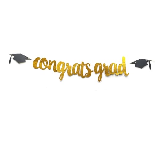 Congrats Grad Glitter Banner with Cap Garland Gold Party Decoration