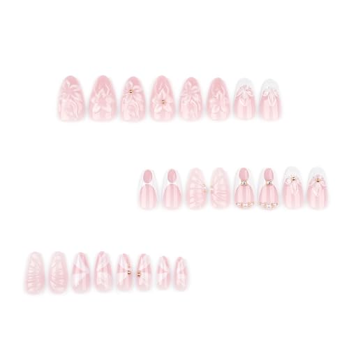 Medium Almond Press on Nails White French Fake Nails with Flower Design