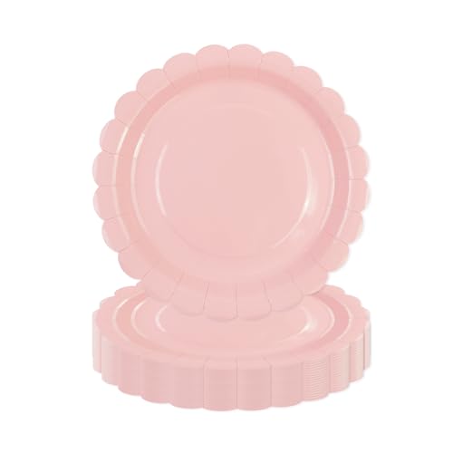 Pink Scalloped Paper Plates - 50 Pcs 7 Inch Disposable Dinner Plates for Parties