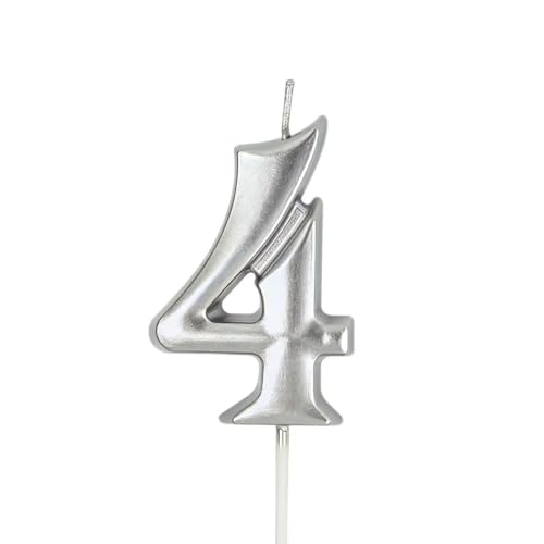 Silver Number 4 Birthday Cake Candle Topper with Holder