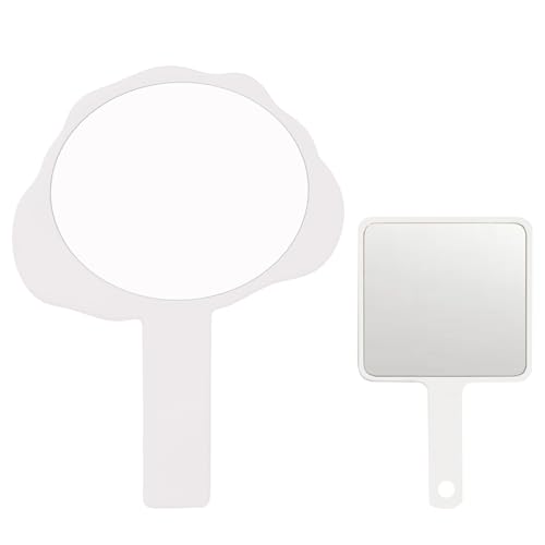 2 Pcs Handheld Makeup Mirrors Set with Handle Cute Cloud Square White