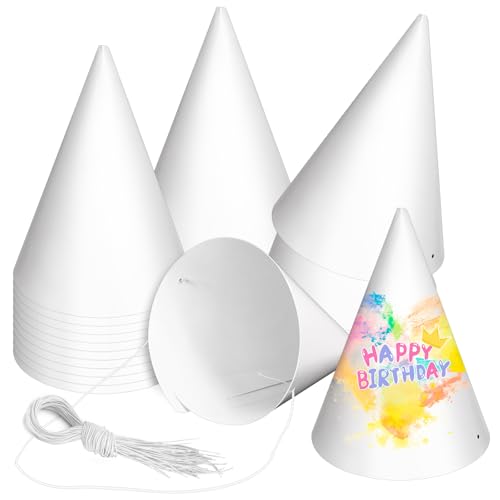 White Paper Party Hats - DIY Decorative Cone Hats for Crafts (20 Pack)