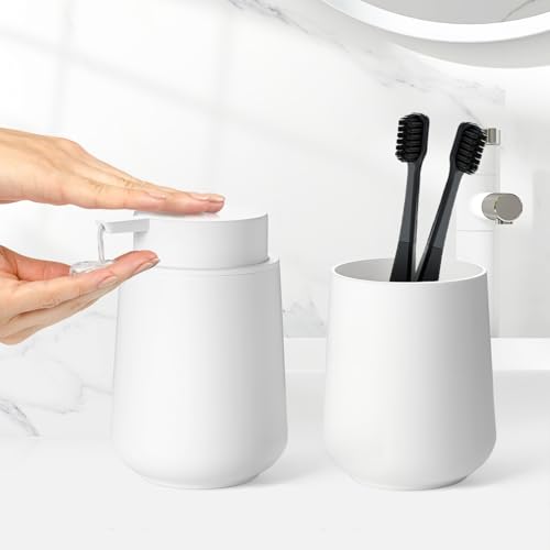 Matte White Bathroom Accessories Set - Liquid Soap & Toothbrush Holder