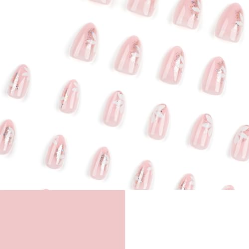 Glitter Pink Press On Nails with Flower Designs Short French Tip False Nails