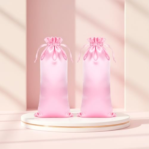 Alrhso 4 Pcs Pink Satin Wig Bags with Drawstring for Storage