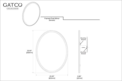 Gatco 1821MX Bathroom Wall Mirror, 33" H x 25" W Modern Mirror for Living Room, Vanity, Slim Design Beveled Framed Large Oval Matte Black - Easy Mount Safety Bracket