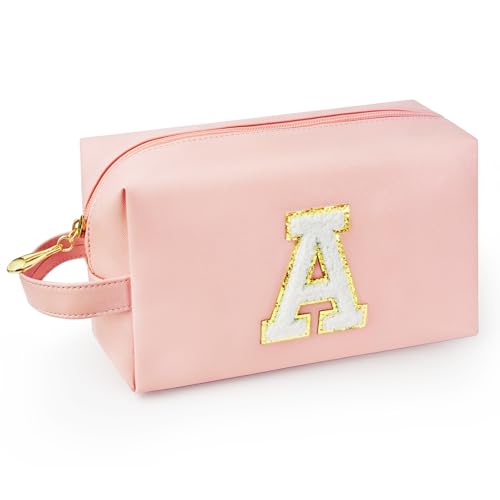 WEMVP Personalized Initial Makeup Bag with Handle Pink