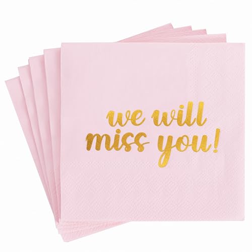 We Will Miss You Cocktail Napkins - 50 Pcs Pink Cursive Foil Party Supplies
