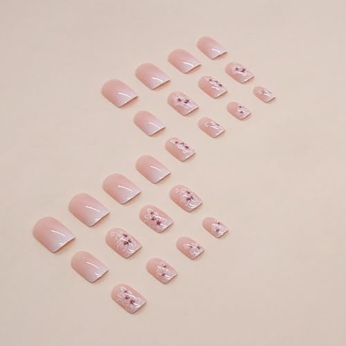 LYLYNB Ombre French Press on Nails Cute Flower Design Short Square Fake Nails
