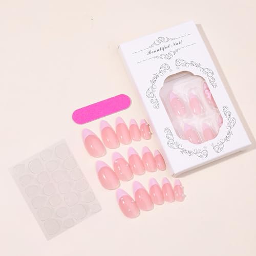French Tip Press on Nails with Pink Bow Glossy Almond False Nails Kit